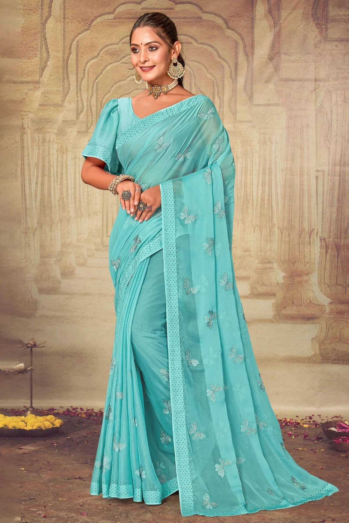 Sky Blue Colour Soft Silk Chiffon Designer Saree LC1121527