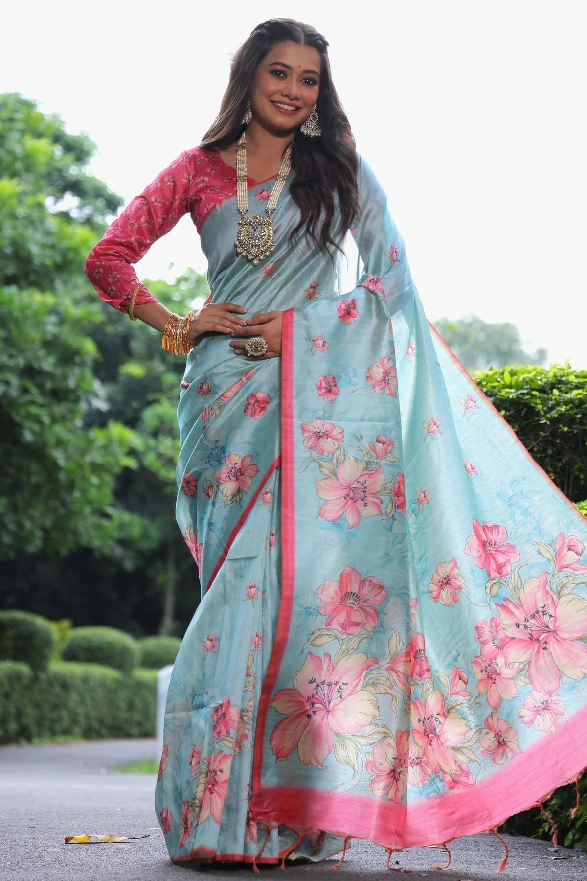Sky Blue Colour Tussar Silk Digital Printed Saree SD1290025