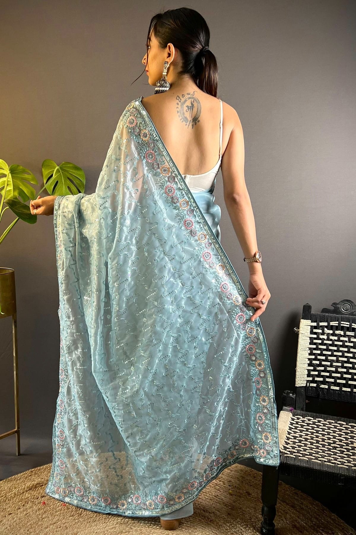 Sky Blue Colour Twill Net Designer Saree SD1111880 A