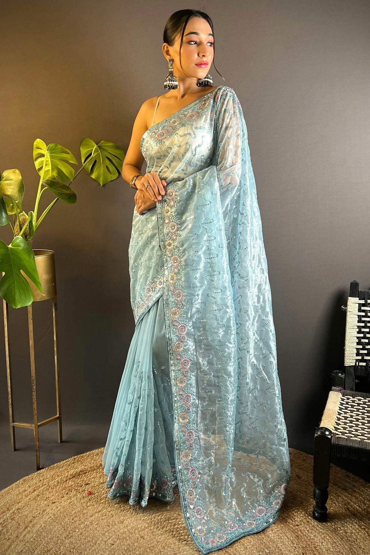 Sky Blue Colour Twill Net Designer Saree SD1111880