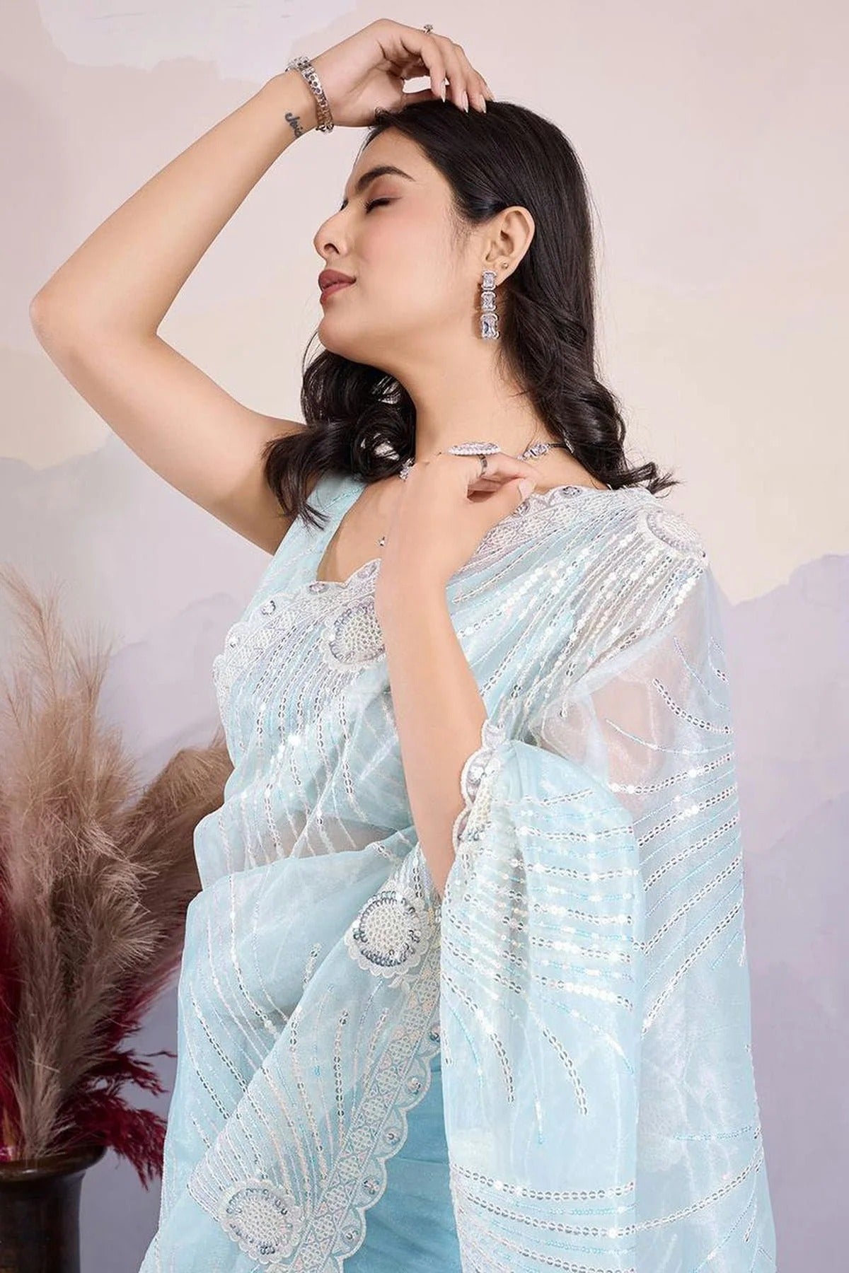 Sky Blue Colour Twill Net Embroidery Work Saree SD1290007 A