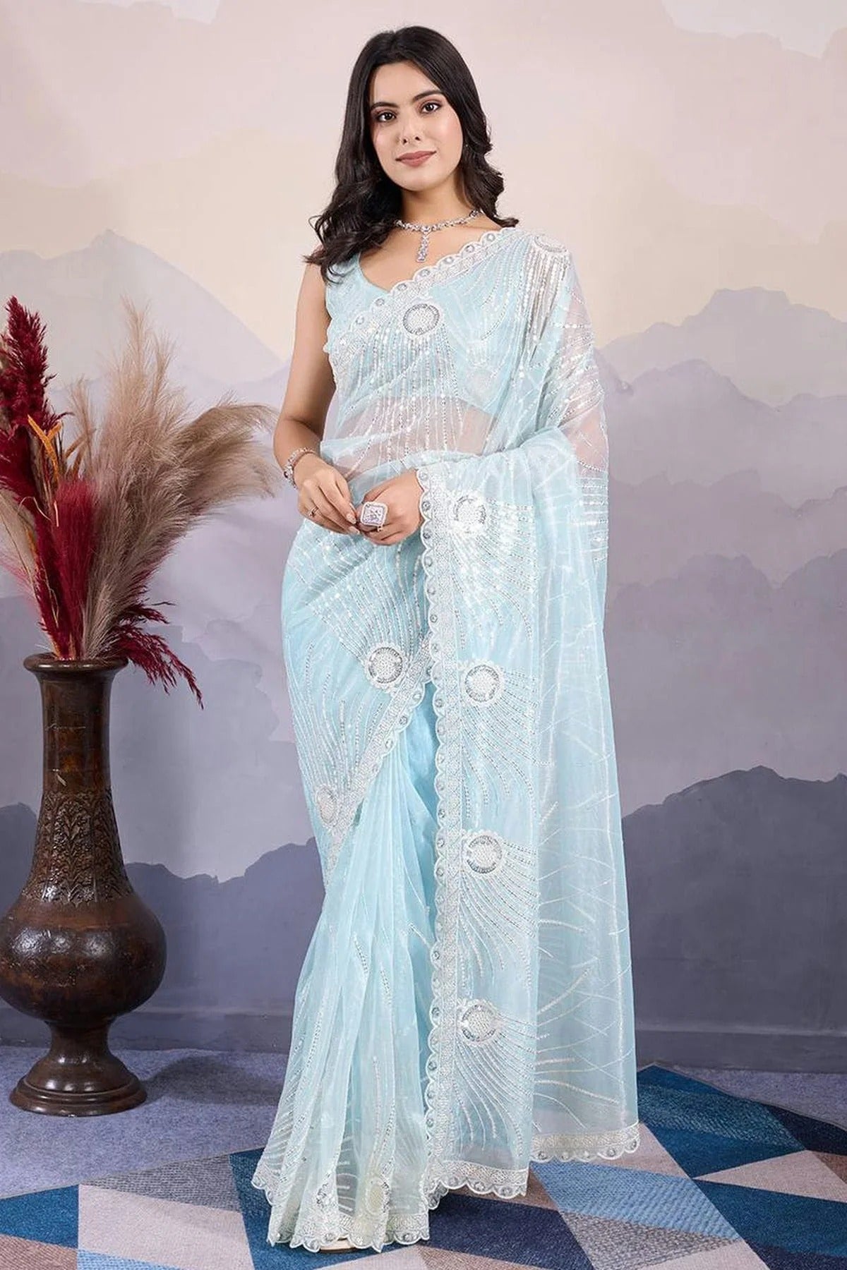 Sky Blue Colour Twill Net Embroidery Work Saree SD1290007