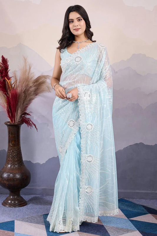 Sky Blue Colour Twill Net Embroidery Work Saree SD1290007