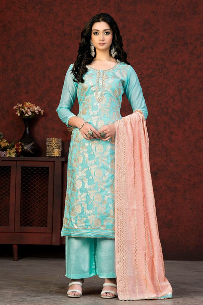 Sky Blue Colour Unstitched Banarasi Jacquard Fabric Straight Suit US1160890
