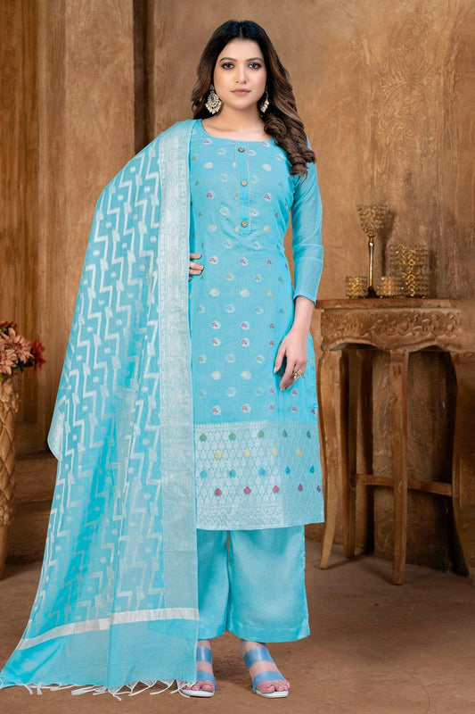 Sky Blue Colour Unstitched Banarasi Jacquard Palazoo Pant Suit US1161367