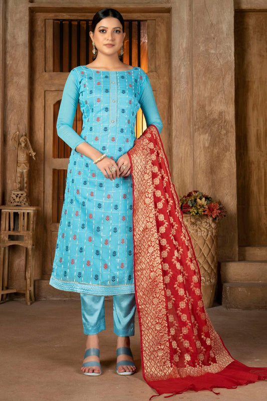 Sky Blue Colour Unstitched Banarasi Jacquard Pant Style Suit US1160855