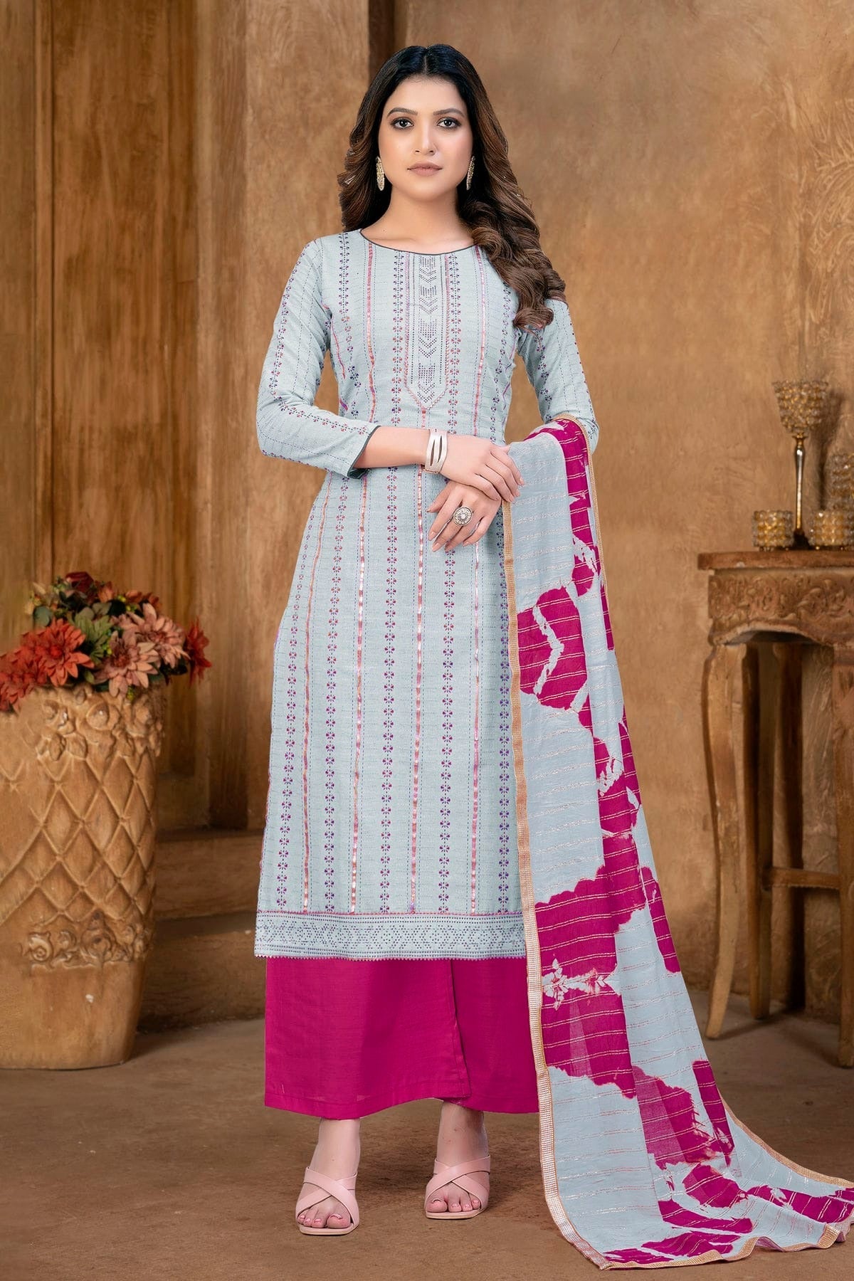 Sky Blue Colour Unstitched Cambric Cotton Palazzo Pant Suit US1160993