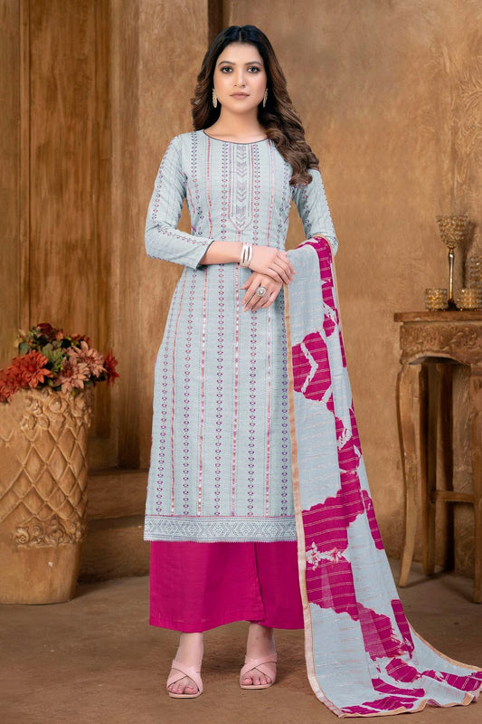 Sky Blue Colour Unstitched Cambric Cotton Palazzo Pant Suit US1160993