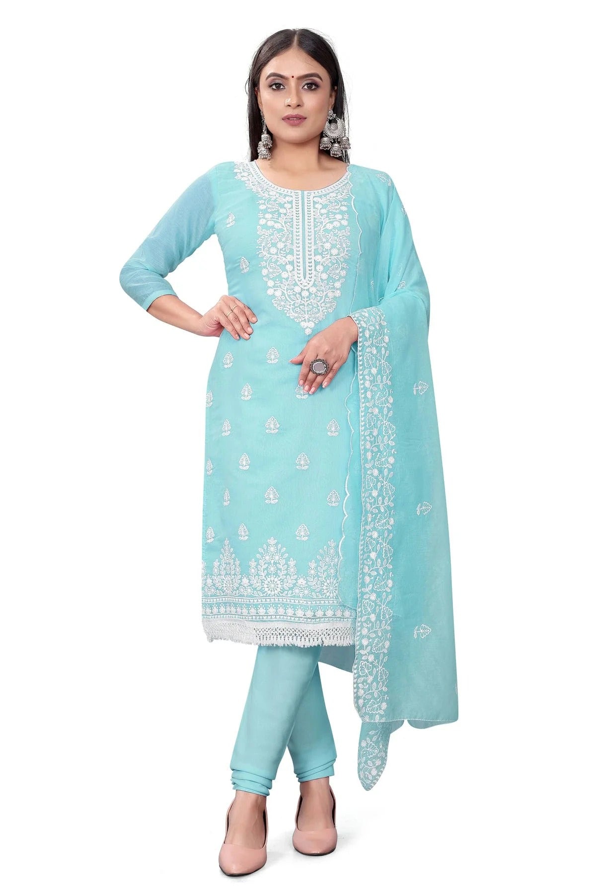 Sky Blue Colour Unstitched Chanderi Cotton Churidar Suit US1160693