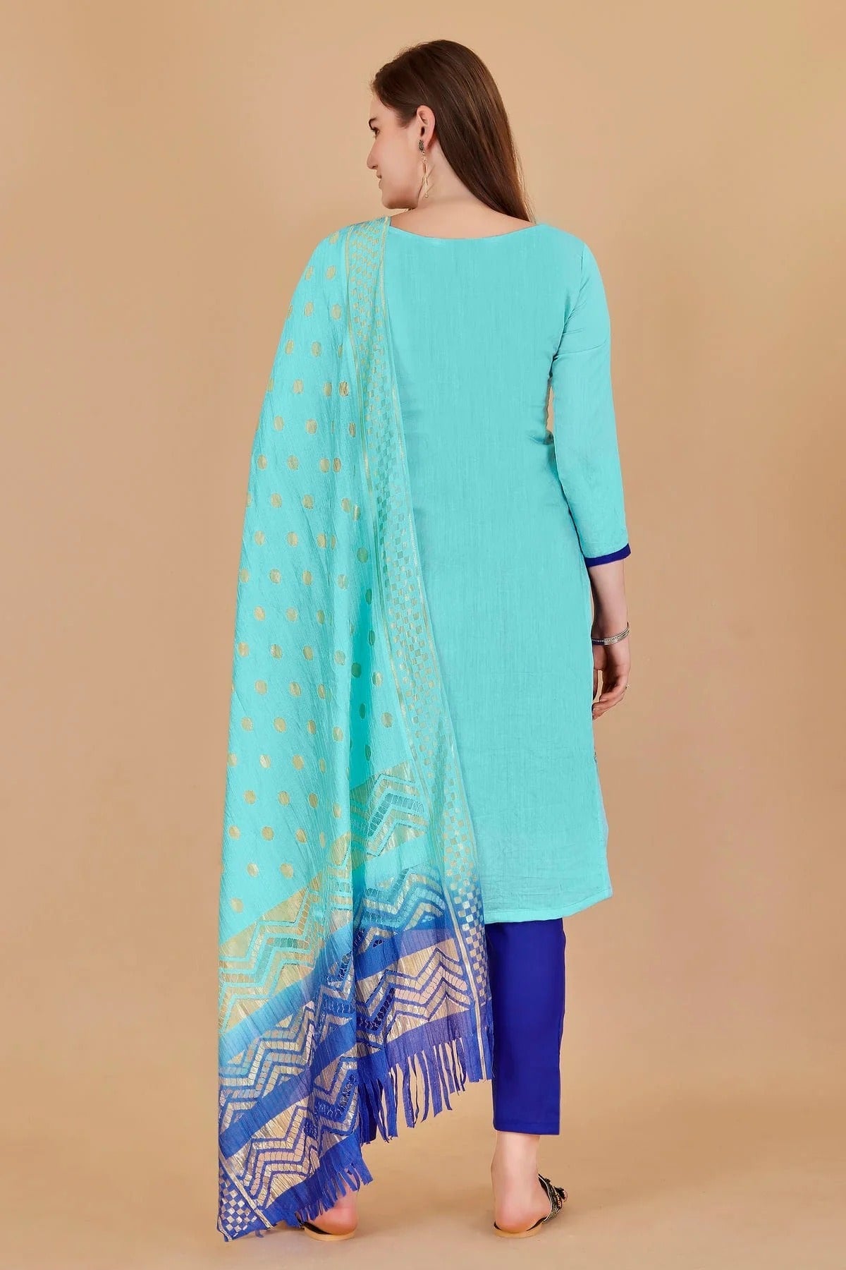 Sky Blue Colour Unstitched Cotton Jacquard Straight Suit US1160885 A
