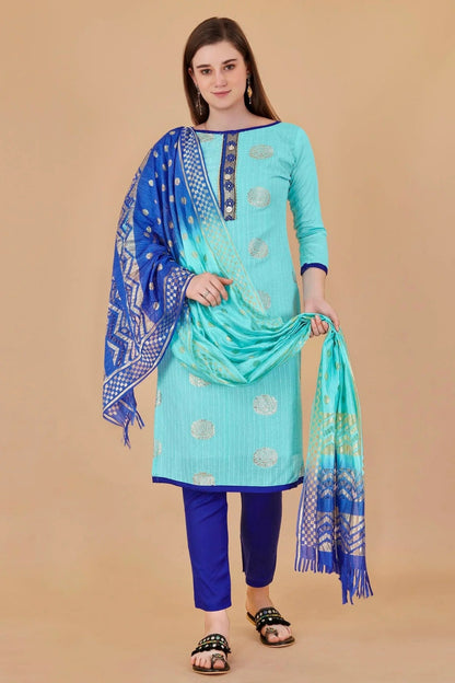 Sky Blue Colour Unstitched Cotton Jacquard Straight Suit US1160885