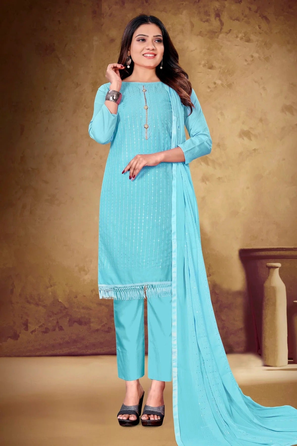 Sky Blue Colour Unstitched Cotton Pant Style Suit US1161074