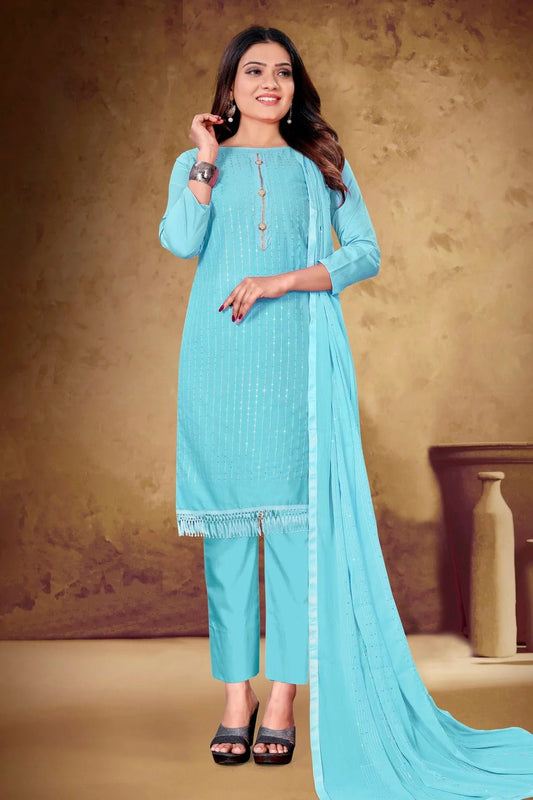 Sky Blue Colour Unstitched Cotton Pant Style Suit US1161074