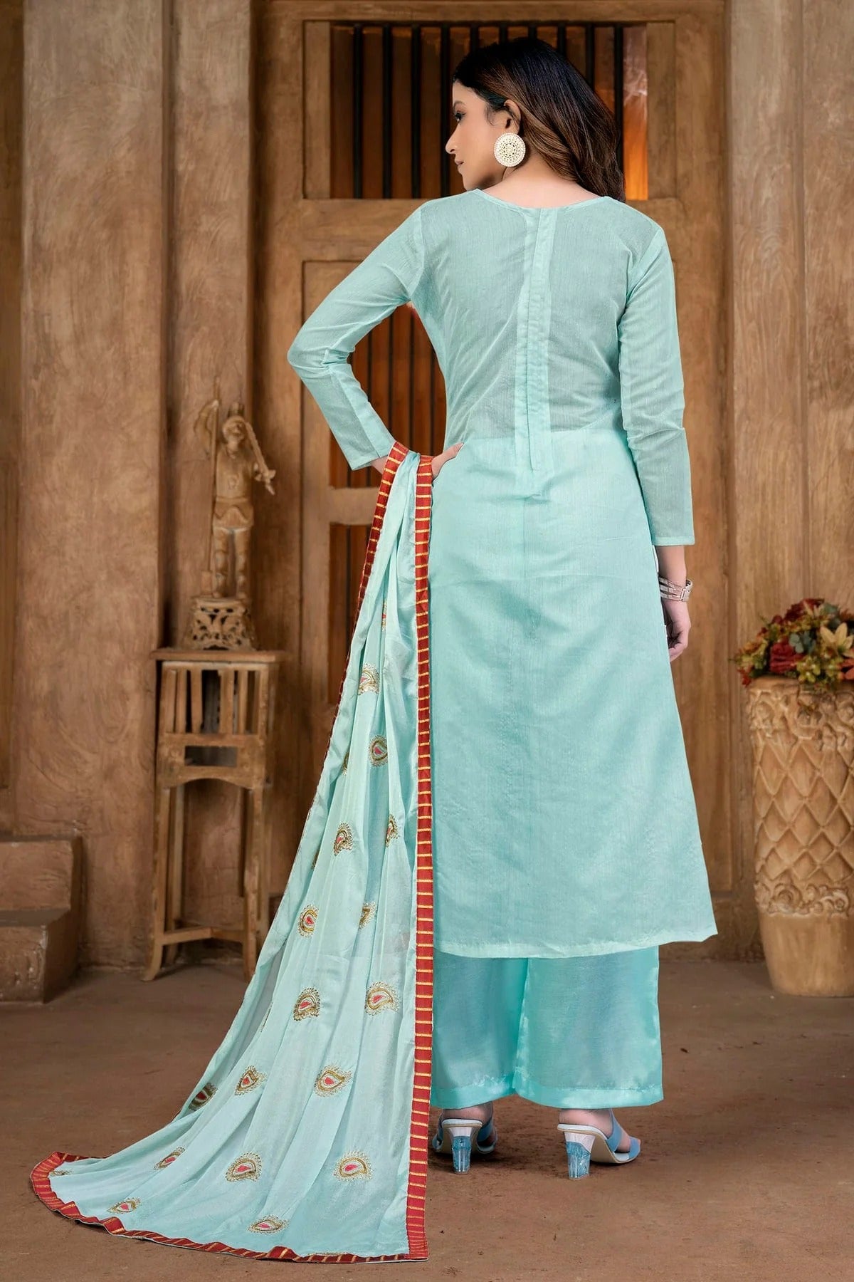 Sky Blue Colour Unstitched Cotton Plazzo Pant Suit US1160850 A