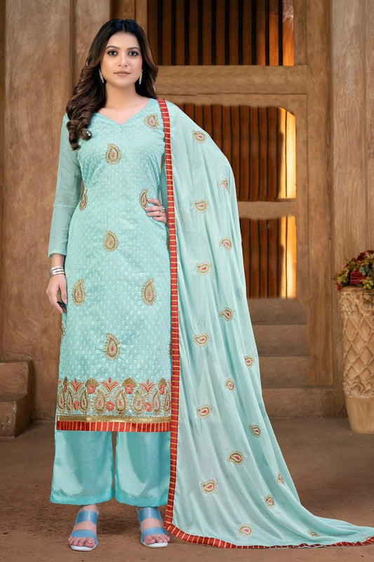 Sky Blue Colour Unstitched Cotton Plazzo Pant Suit US1160850