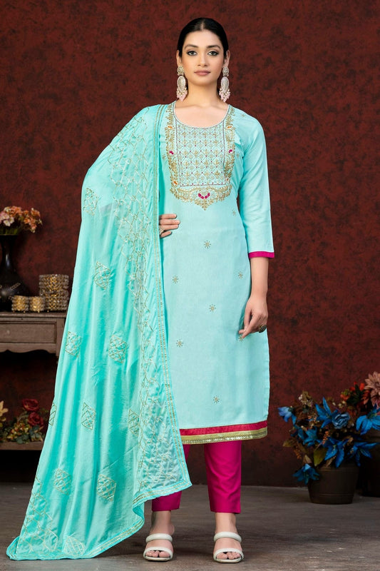 Sky Blue Colour Unstitched Glass Cotton Fabric Straight Suit US1160894