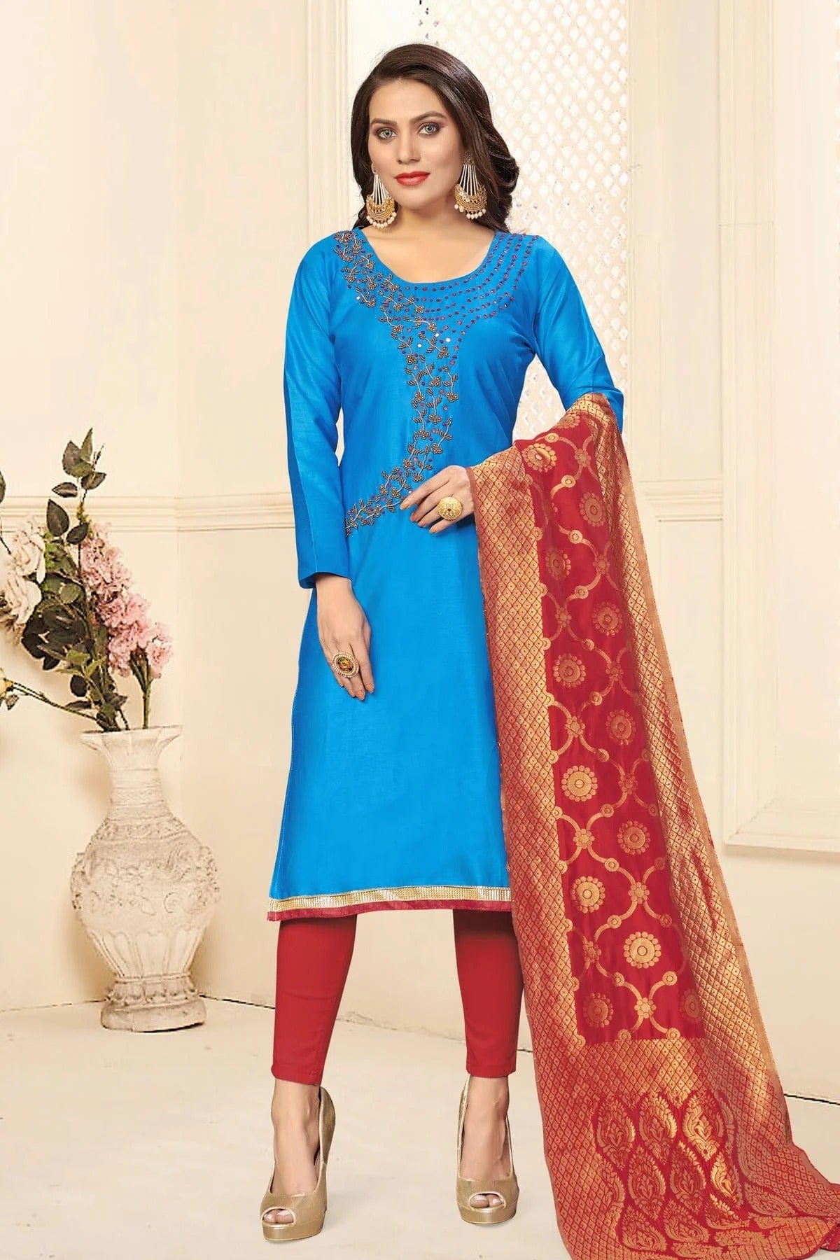 Sky Blue Colour Unstitched Jaam Cotton Fabric Straight Suit US1160911