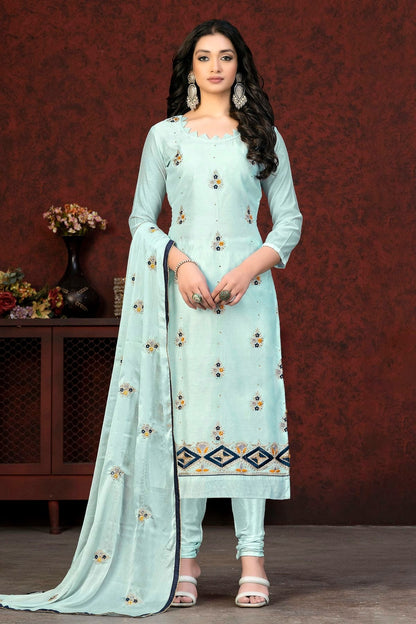 Sky Blue Colour Unstitched Modal Chanderi Churidar Suit US1161010