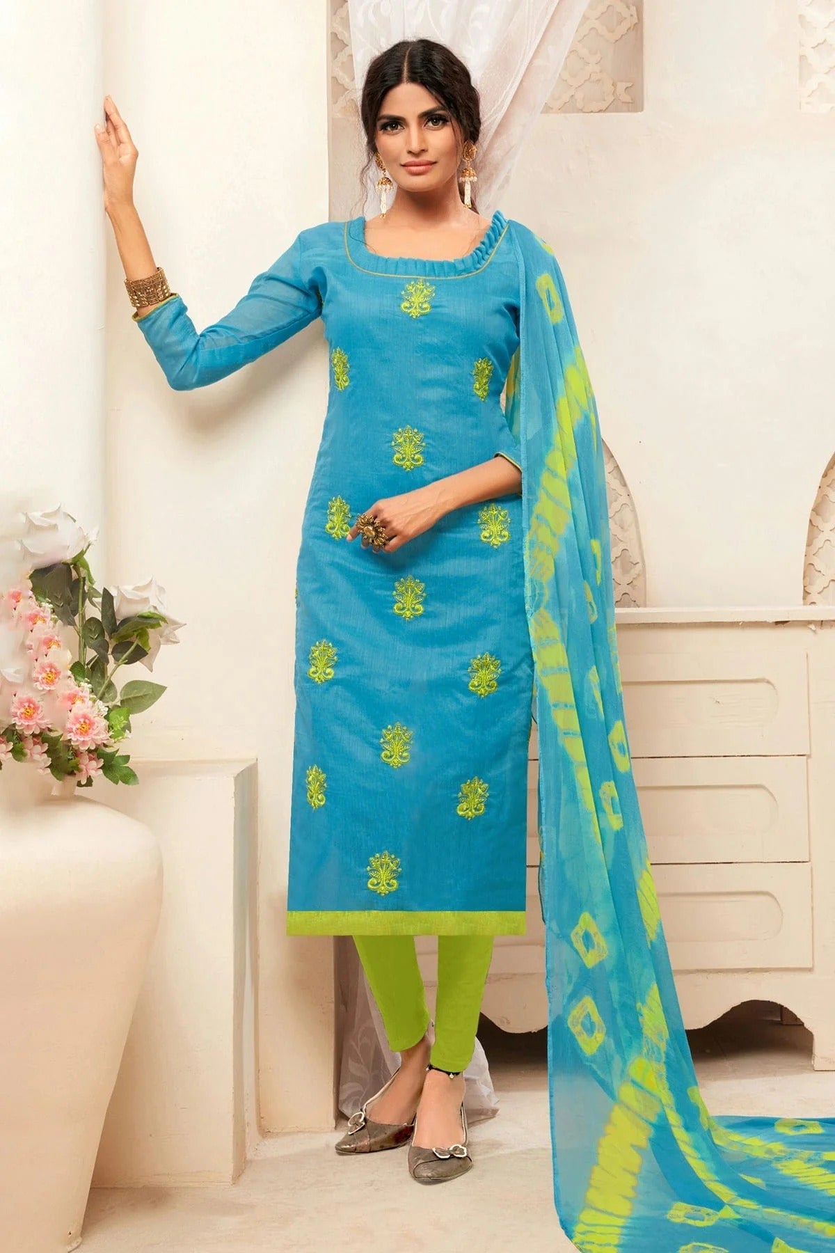 Sky Blue Colour Unstitched Modal Silk Straight Suit US1161133