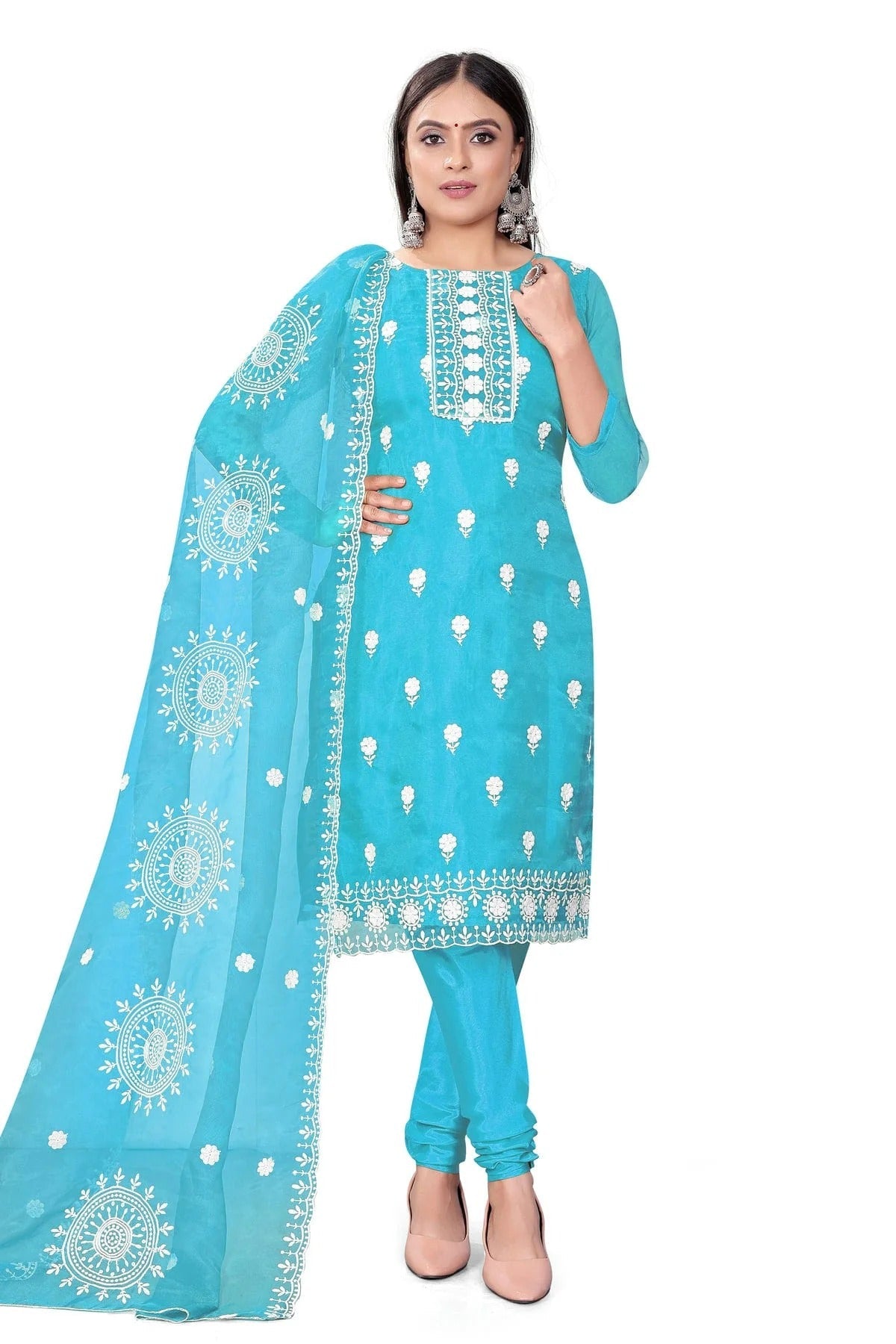 Sky Blue Colour Unstitched Organza Churidar Suit US1160712