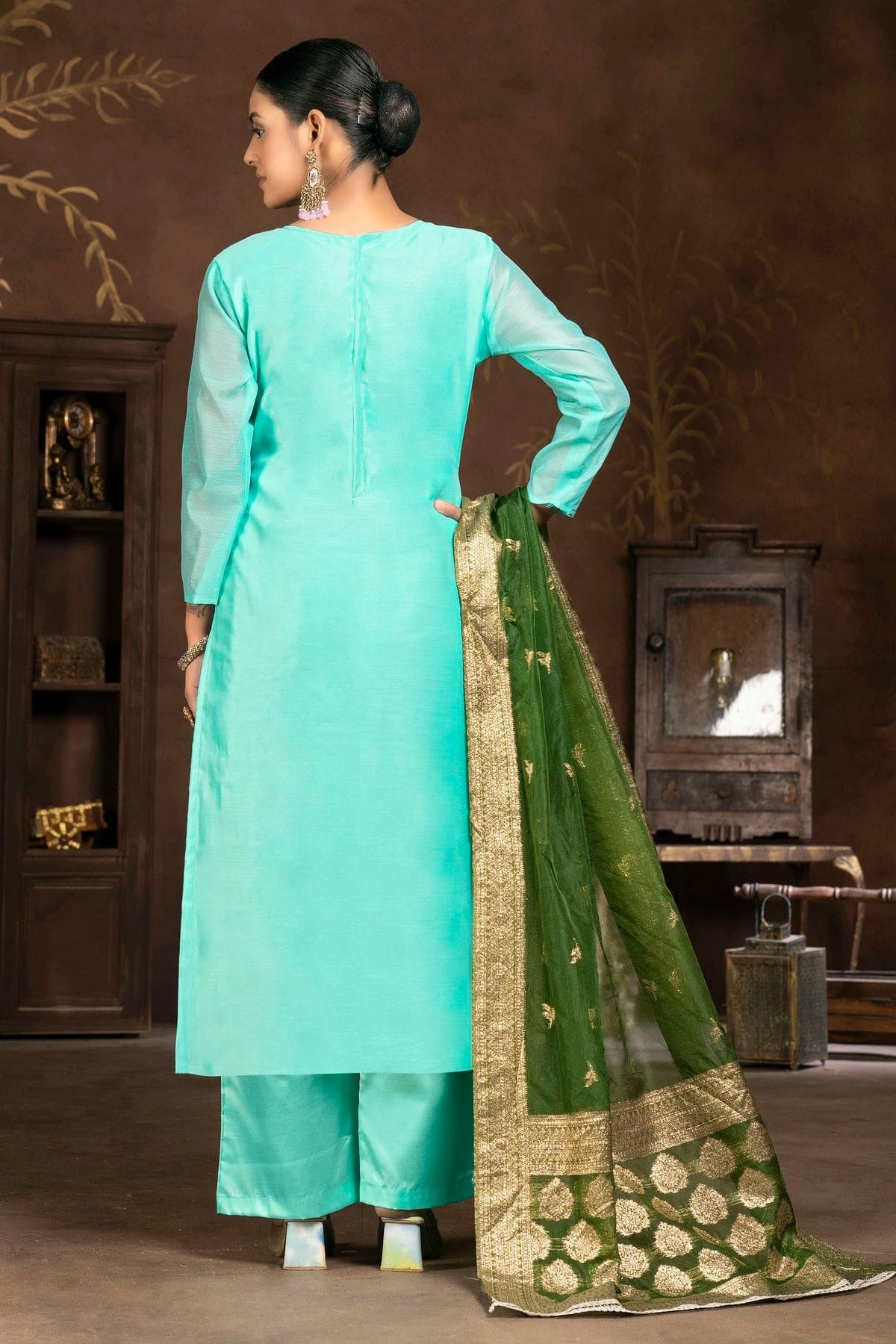Sky Blue Colour Unstitched Organza Plazzo Pant Suit US1160841 A