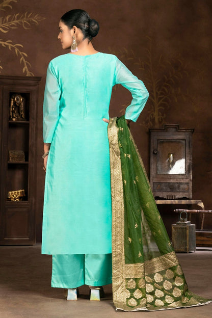 Sky Blue Colour Unstitched Organza Plazzo Pant Suit US1160841 A