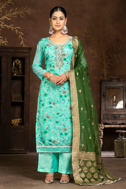 Sky Blue Colour Unstitched Organza Plazzo Pant Suit US1160841