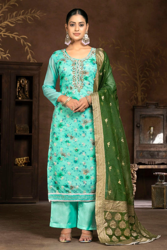 Sky Blue Colour Unstitched Organza Plazzo Pant Suit US1160841