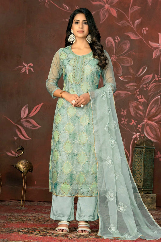 Sky Blue Colour Unstitched Pure Organza Straight Suit US1161350