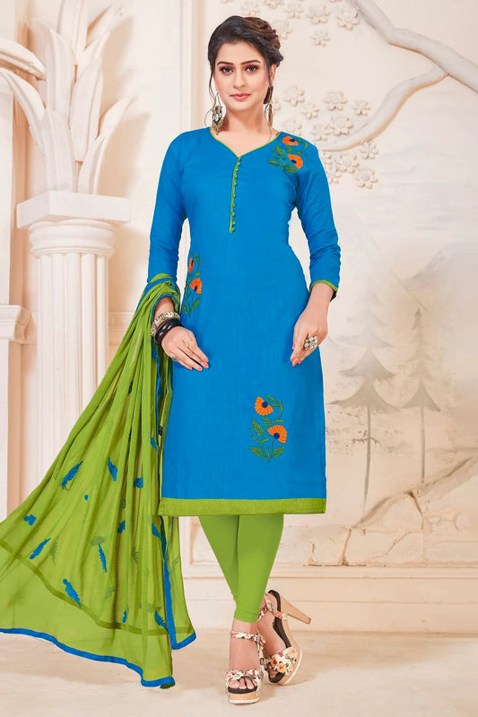 Sky Blue Colour Unstitched South Cotton Slub Churidar Suit US1161119