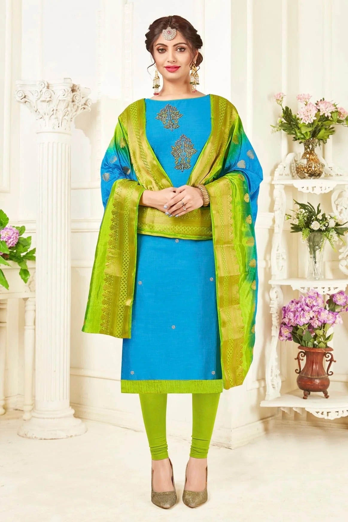 Sky Blue Colour Unstitched South Slub Cotton Straight Suit US1161148