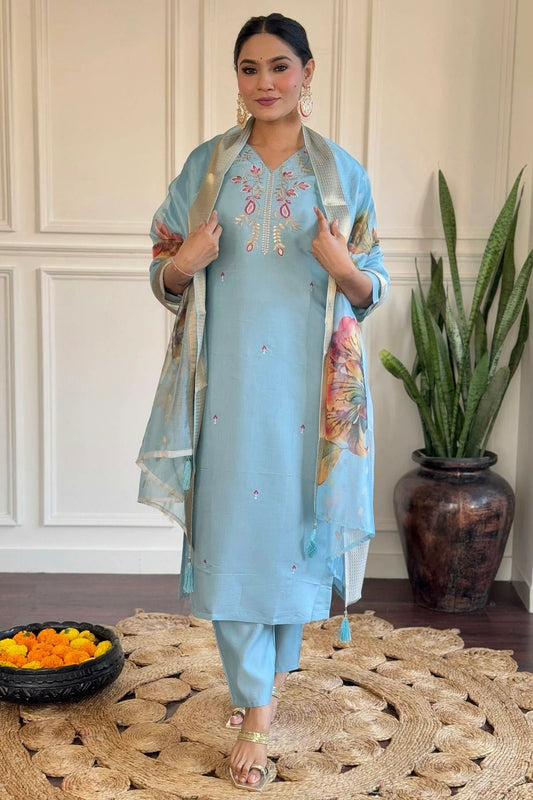 Sky Blue Colour Viscose Chanderi Stitched Salwar Suit SS1112026