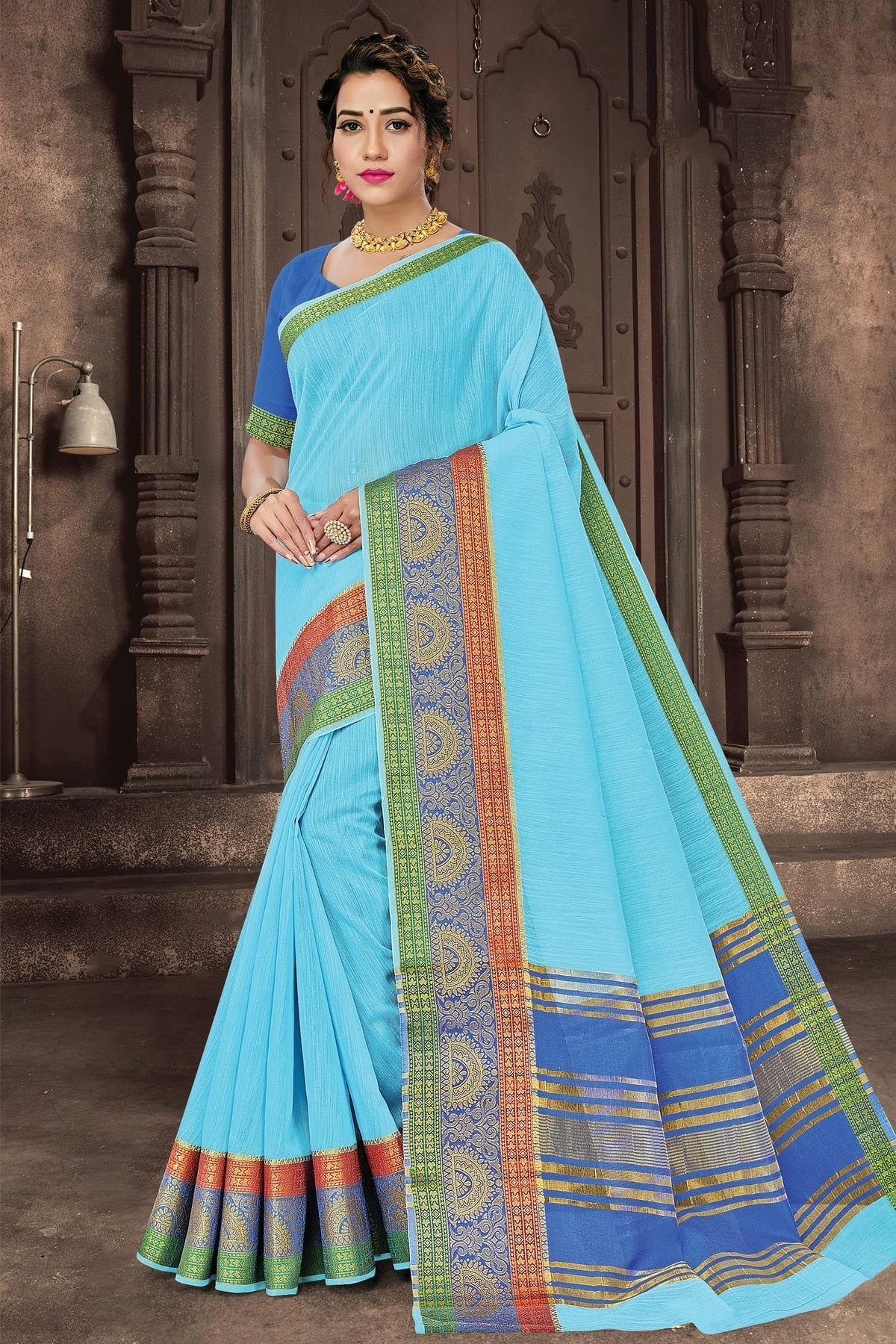 Sky Blue Colour Woven Work Cotton Handloom Saree SD1101271