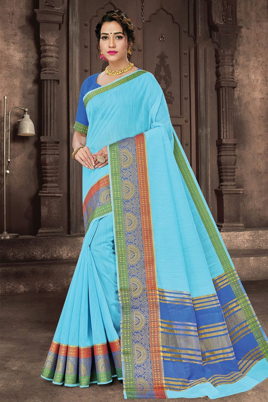 Sky Blue Colour Woven Work Cotton Handloom Saree SD1101271