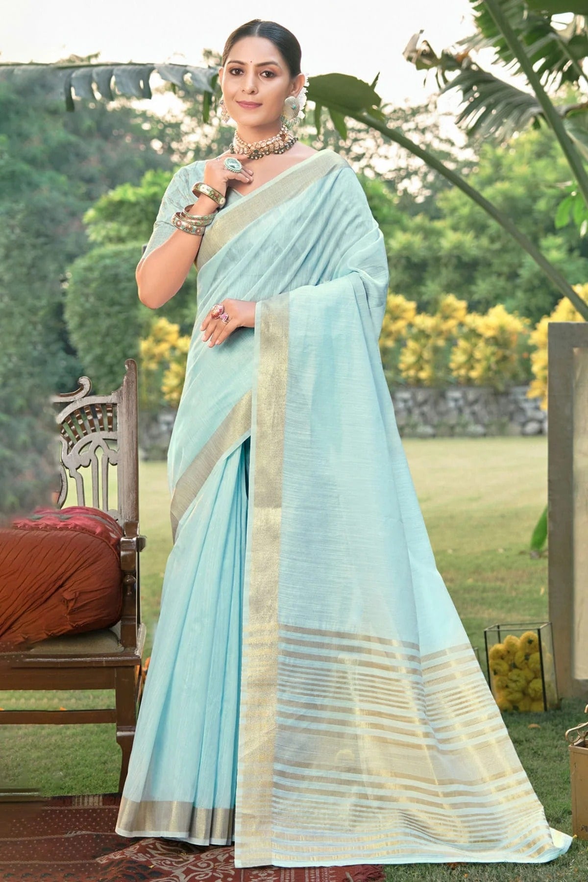 Sky Blue Colour Woven Work Cotton Saree SD1101574