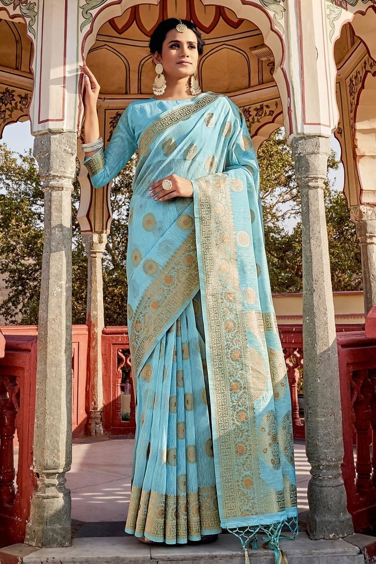 Sky Blue Colour Woven Work Linen Saree SD1101332
