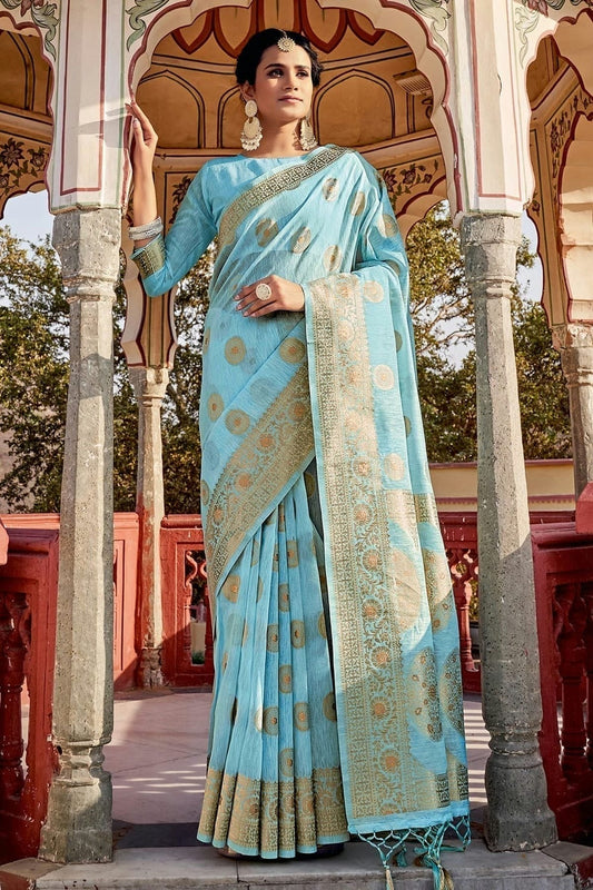 Sky Blue Colour Woven Work Linen Saree SD1101332