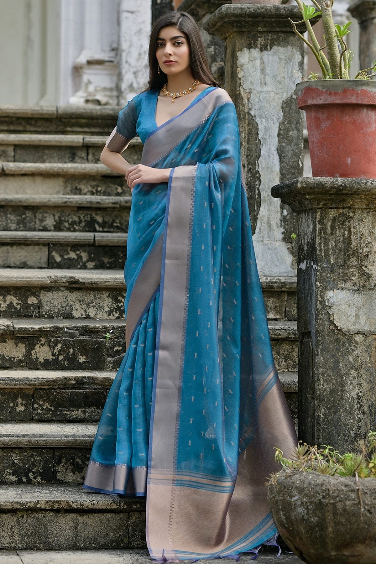 Sky Blue Colour Woven Work Soft Tussar Silk Saree SD1260020