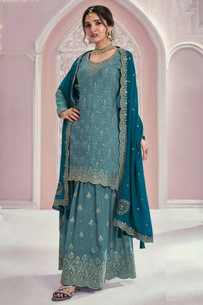 Slate Blue Colour Chinon Palazzo Pant Suit SM1140605