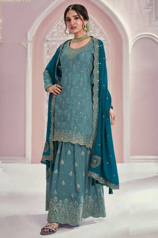 Slate Blue Colour Chinon Palazzo Pant Suit SM1140605