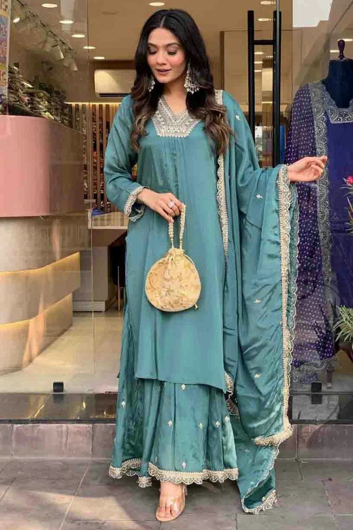 Slate Blue Colour Chinon Stitched Palazzo Pant Suit SS1140725