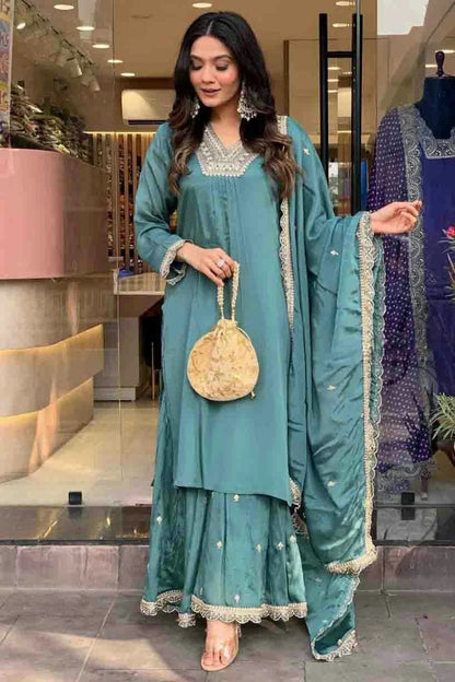 Slate Blue Colour Chinon Stitched Palazzo Pant Suit SS1140725