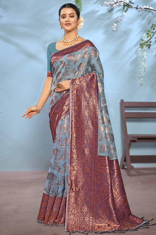 Slate Blue Colour Cotton Traditional Saree In Woven Work SD1100960