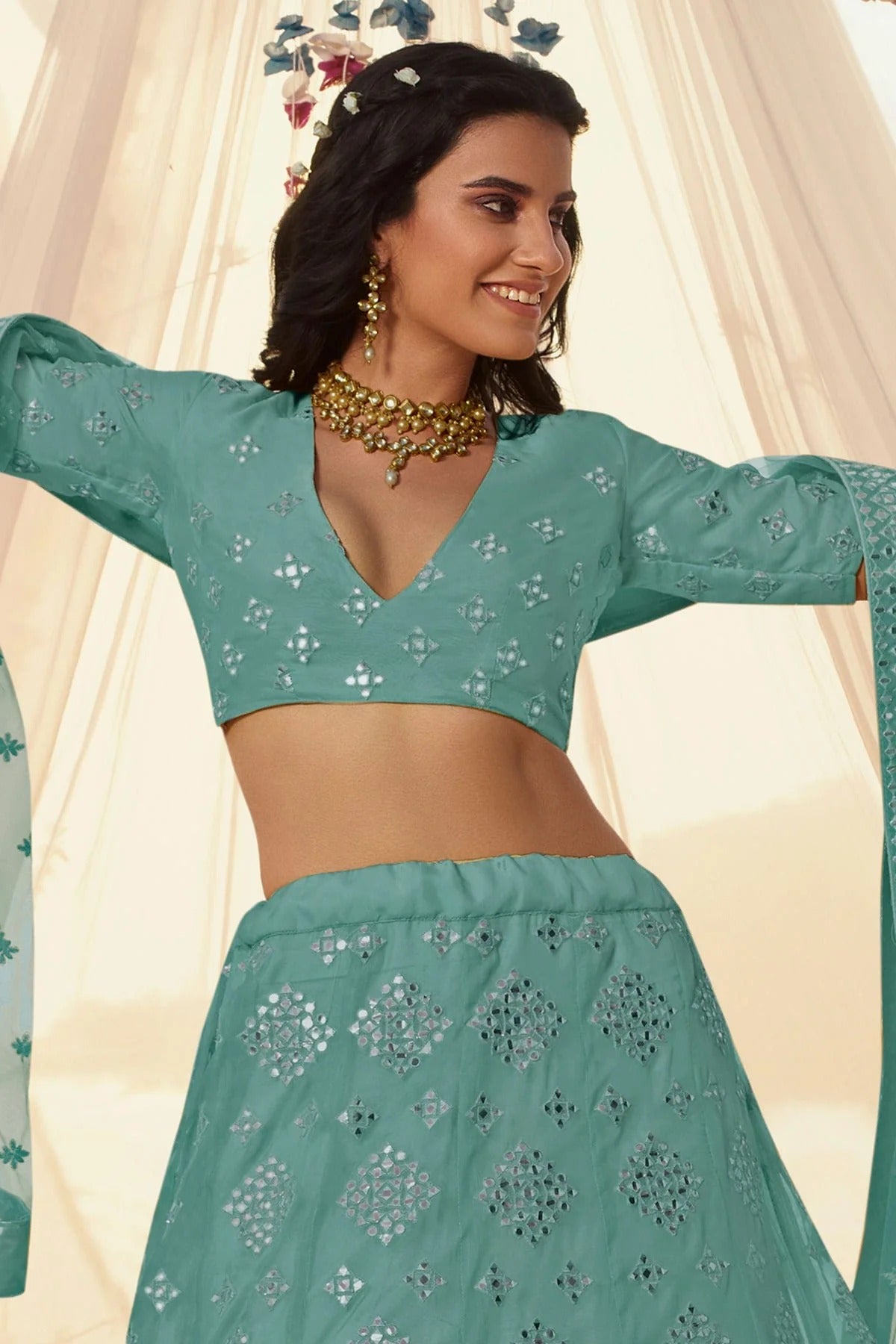Slate Blue Colour Embroidery Organza Lehenga Choli LD1080694 A