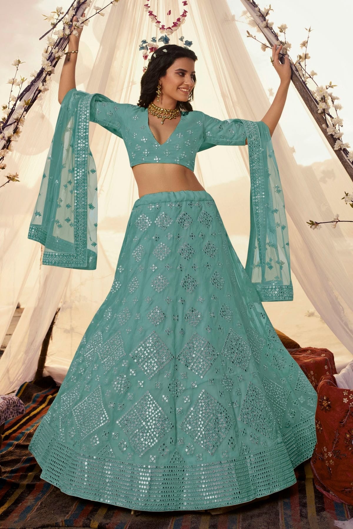 Slate Blue Colour Embroidery Organza Lehenga Choli LD1080694