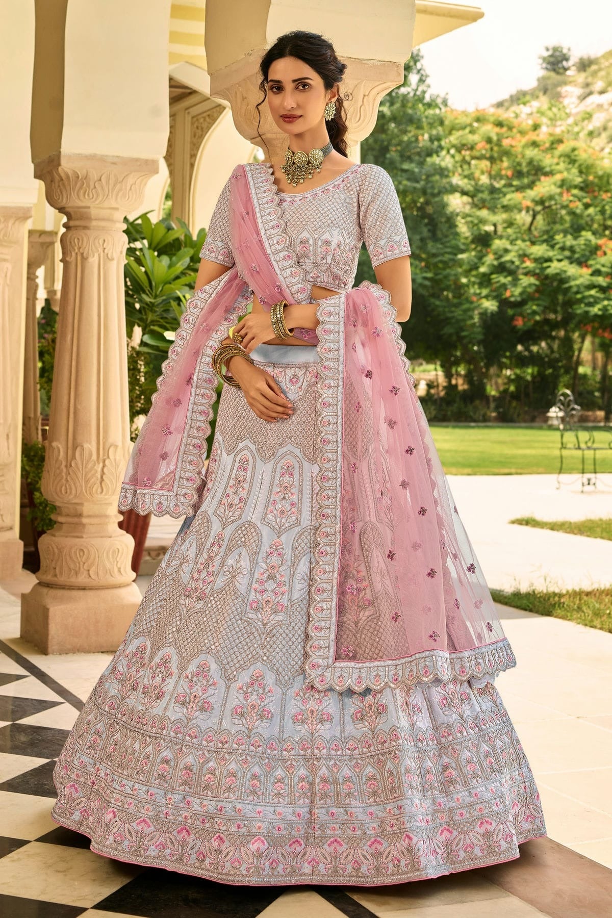 Slate Blue Colour Embroidery Organza Lehenga Choli LD1080818 A