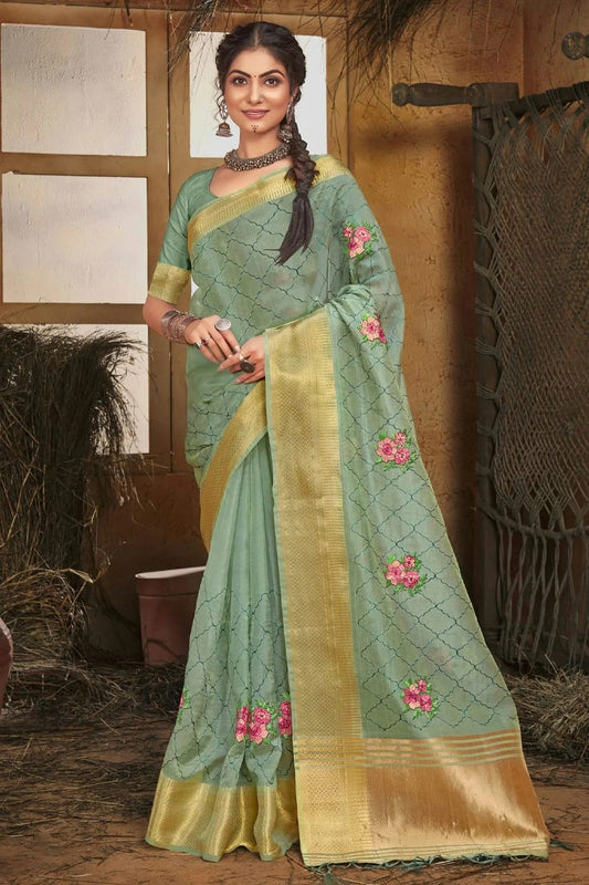 Slate Blue Colour Embroidery Work Organza Saree SD1101379