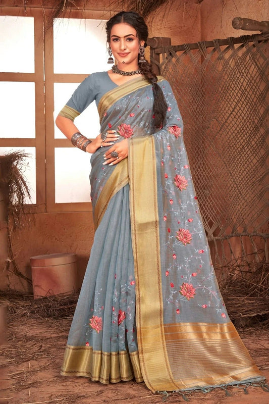 Slate Blue Colour Embroidery Work Organza Saree SD1101388