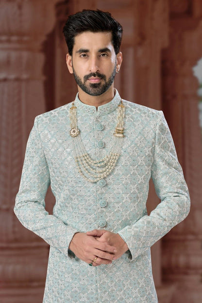Slate Blue Colour Jacquard Sherwani SH1040577 A