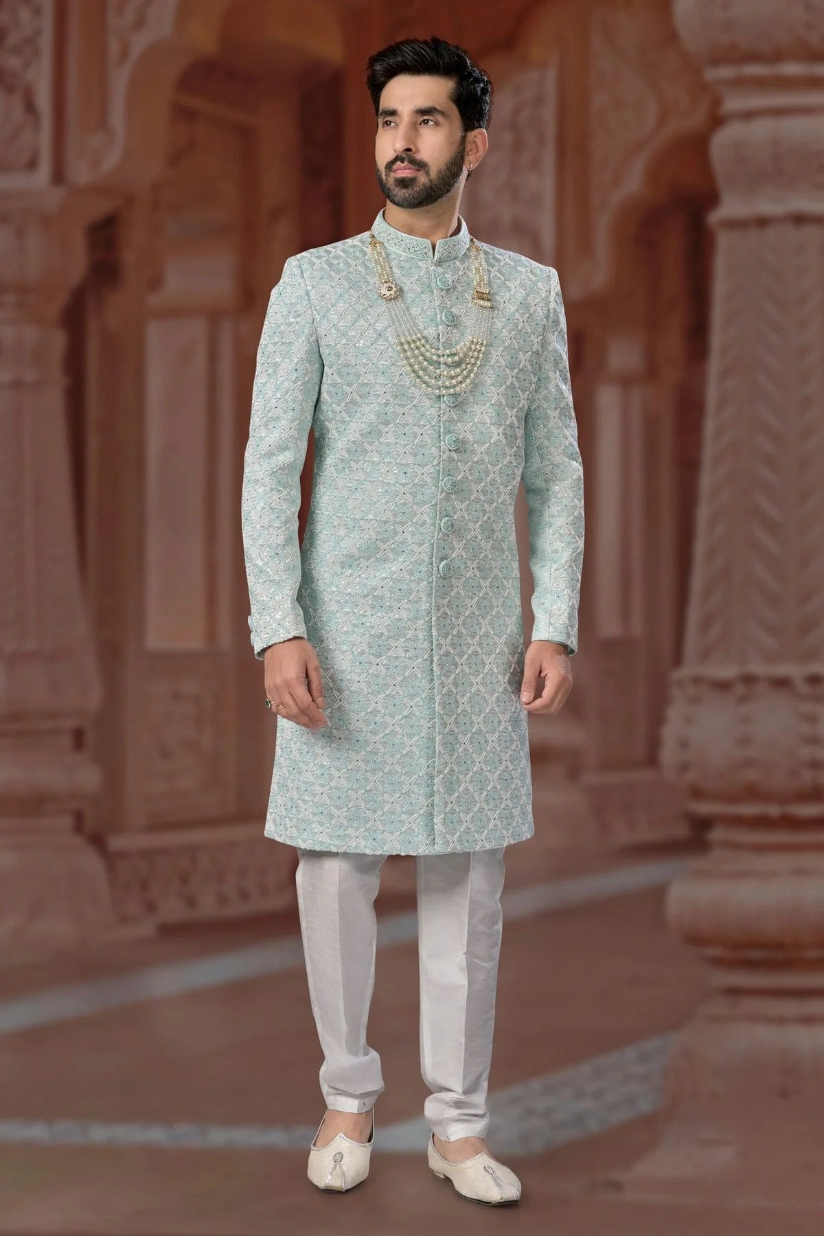 Slate Blue Colour Jacquard Sherwani SH1040577
